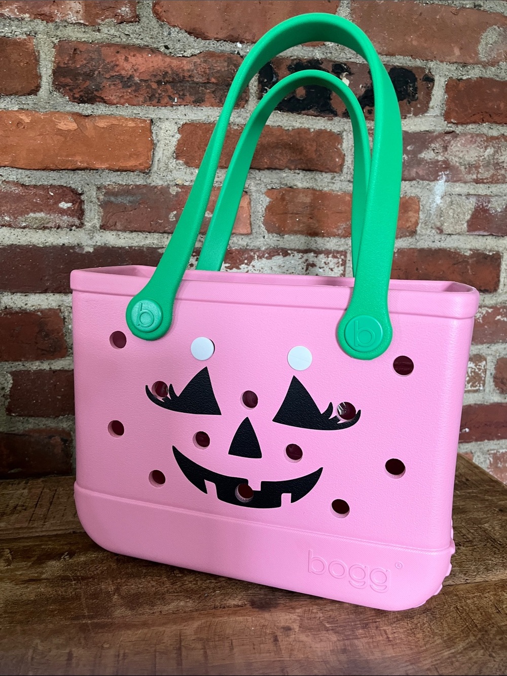 BOGG BAG Pink Tote with Green Handles and Jack-O'-Lantern Face biddy Bogg